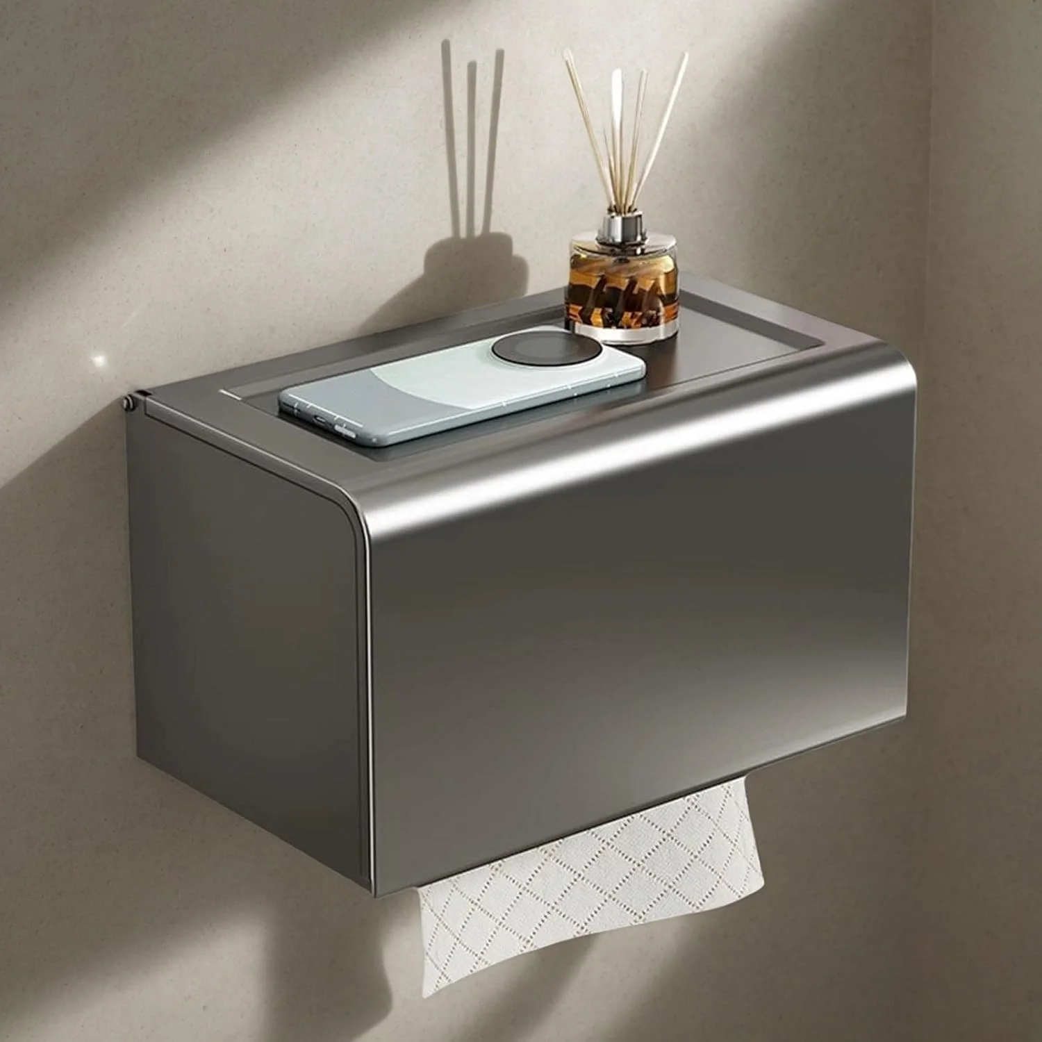 جا دستمال کاغذی رولی توالت - جا دستمال کاغذی مدرن | جعبه نگهدارنده دستمال کاغذی آلومینیومی ضد زنگ، نصب دیواری بدون نیاز به سوراخ کاری، مناسب برای حمام و آشپزخانه