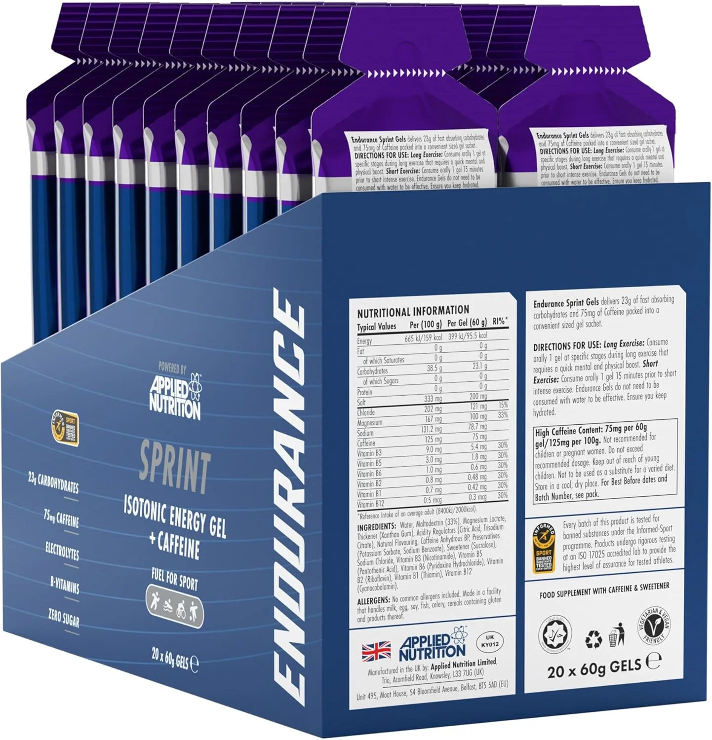 ژل انرژی Applied Nutrition Sprint | ژل انرژی حاوی کافئین | هضم آسان | بدون چربی و شکر | 23 گرم کربوهیدرات + الکترولیت ها و ویتامین های B (بسته 20 عددی 60 گرمی، بلک کارنت) ژل انرژی Applied Nutrition Sprint | ژل انرژی حاوی کافئین | هضم آسان | بدون چربی و شکر | 23 گرم کربوهیدرات + الکترولیت ها و ویتامین های B (بسته 20 عددی 60 گرمی، بلک کارنت)