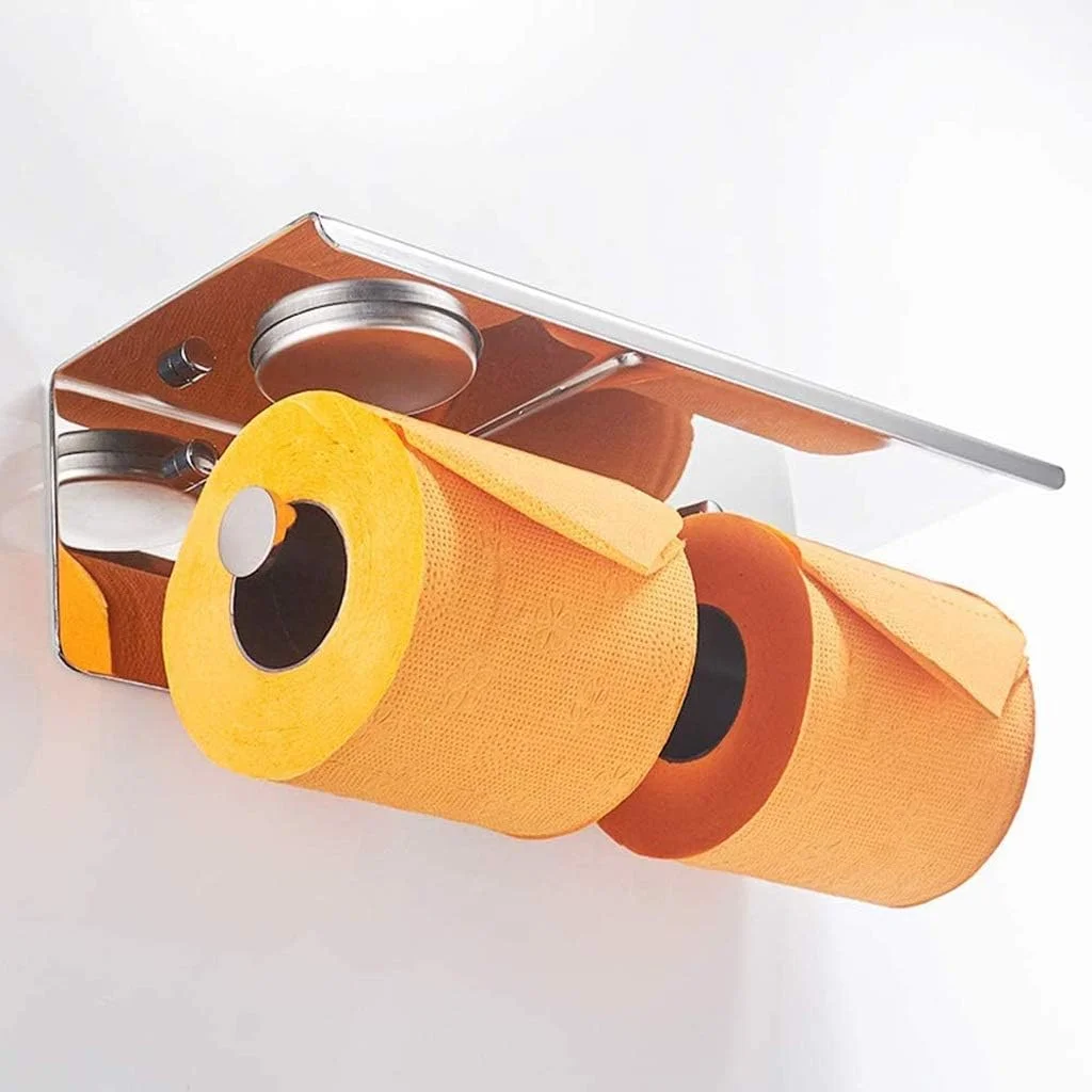 جا دستمال کاغذی توالت، جا رولی دستمال توالت استیل ضد زنگ دیواری، جا دستمال کاغذی دوقلو با قفسه نگهداری موبایل و خاکستر