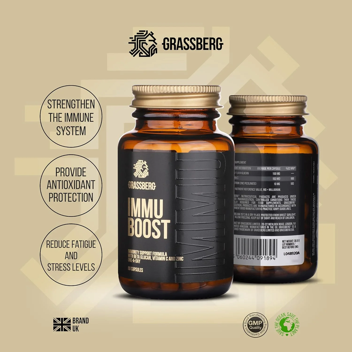 مکمل تقویت کننده سیستم ایمنی گراسبرگ Immu Boost حاوی ویتامین C، روی و بتا گلوکان - 60 کپسول مکمل تقویت کننده سیستم ایمنی گراسبرگ Immu Boost حاوی ویتامین C، روی و بتا گلوکان - 60 کپسول