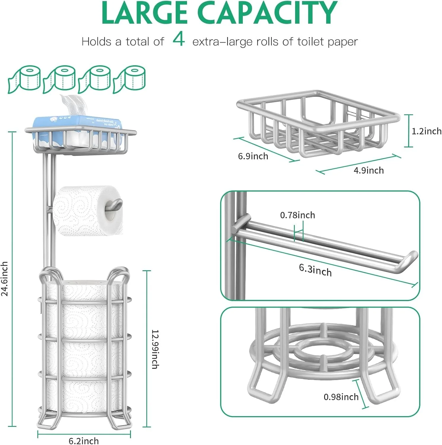 جا دستمال کاغذی ایستاده TomCare با 4 پایه فلزی، لوازم جانبی حمام، پخش کننده دستمال کاغذی، رول دستمال کاغذی ایستاده با قفسه ذخیره سازی، سازمان دهنده ذخیره سازی حمام