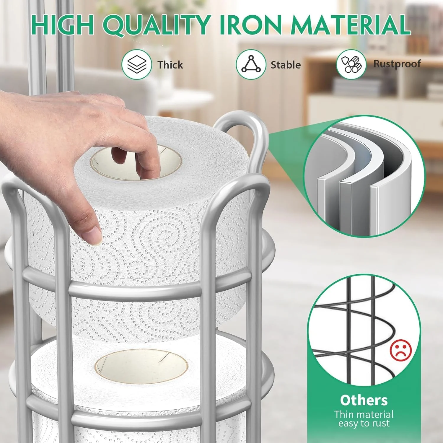 جا دستمال کاغذی ایستاده TomCare با 4 پایه فلزی، لوازم جانبی حمام، پخش کننده دستمال کاغذی، رول دستمال کاغذی ایستاده با قفسه ذخیره سازی، سازمان دهنده ذخیره سازی حمام