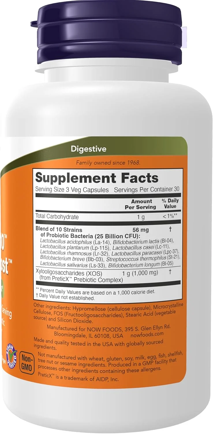 مکمل های غذایی NOW Foods، Probiotic-10™ & Bifido Boost™ با 10 سویه، 25 میلیارد CFU در هر وعده، به همراه پری بیوتیک PreticX™ XOS، 90 کپسول گیاهی