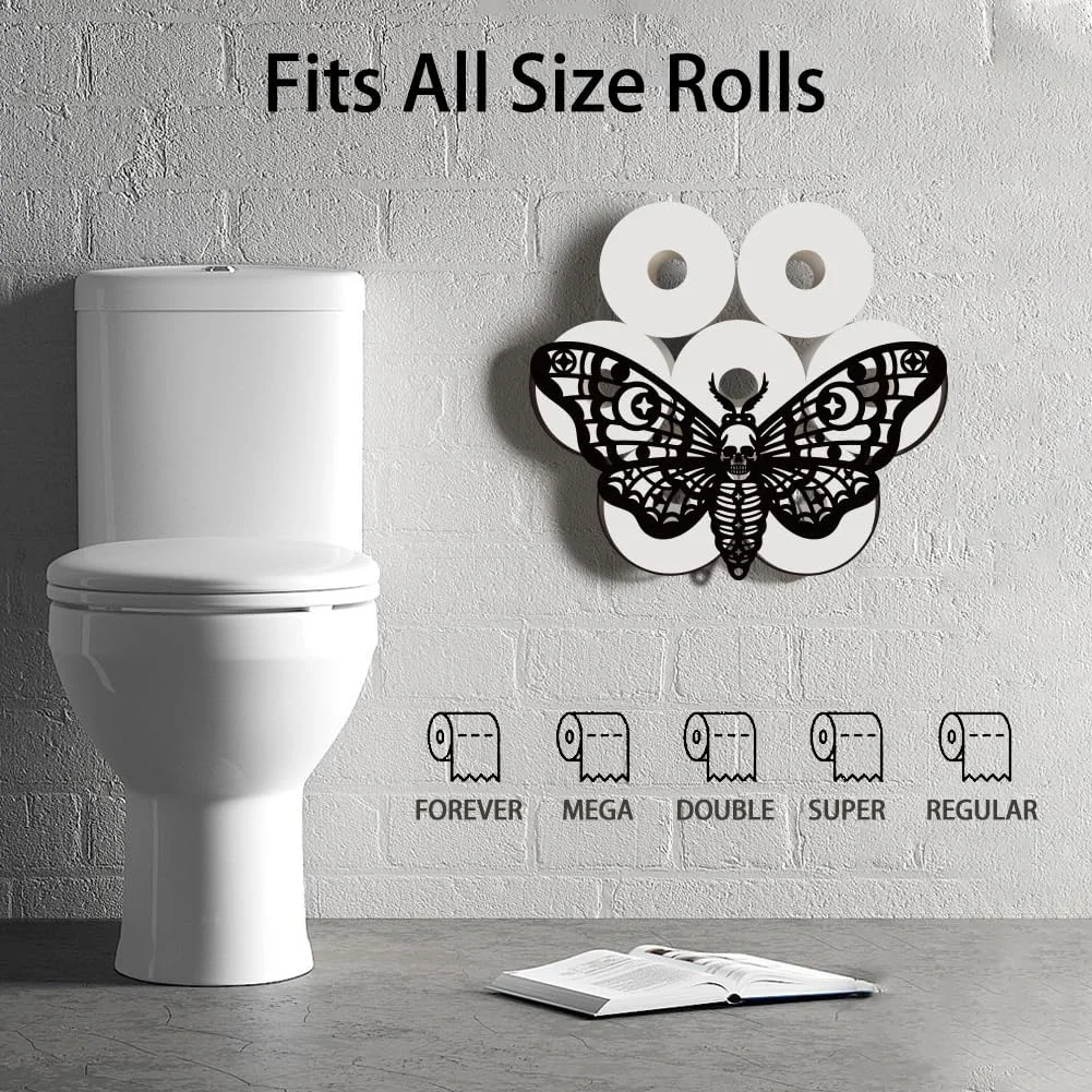 جا دستمال کاغذی فلزی طرح پروانه اسکلتی WADORN، نگهدارنده دستمال توالت تزئینی طرح پروانه اسکلتی برای نگهداری 8 رول اضافی، سازمان دهنده رول کاغذی دکوری خنده دار و ایستاده با طرح قدیمی برای کابینت حمام خانه های روستایی