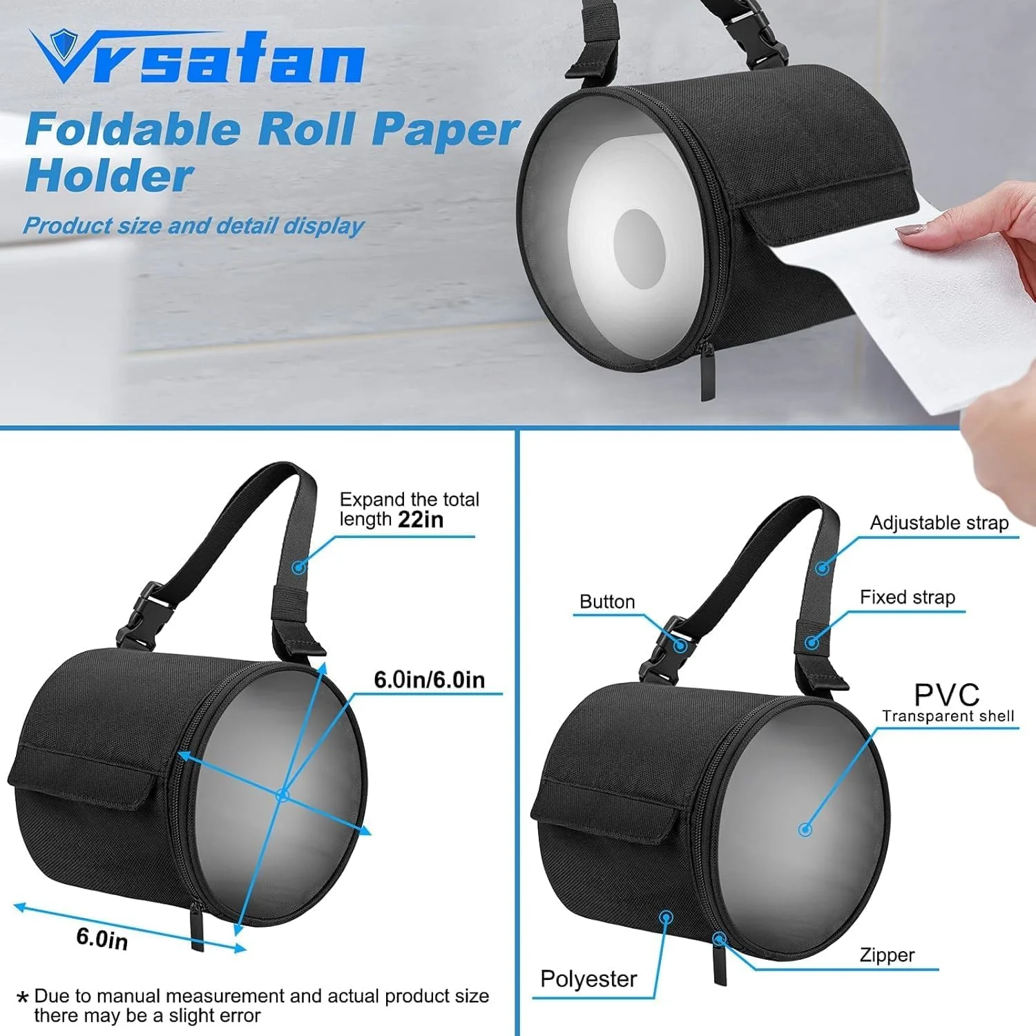 جا دستمال کاغذی توالت Vrsafan بسته 2 عددی، جا دستمال کاغذی آویز، محفظه های ضد آب و گرد و غبار حمام، کیف تاشو برای نگهداری رول و بندهای سگک دوتایی قابل تنظیم برای حمام، آشپزخانه، کمپینگ (مشکی)