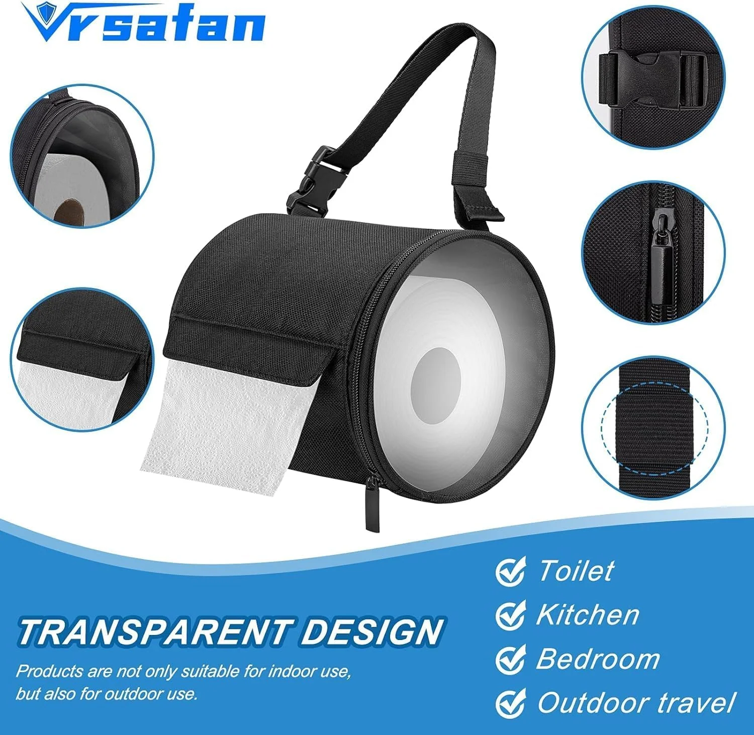 جا دستمال کاغذی توالت Vrsafan بسته 2 عددی، جا دستمال کاغذی آویز، محفظه های ضد آب و گرد و غبار حمام، کیف تاشو برای نگهداری رول و بندهای سگک دوتایی قابل تنظیم برای حمام، آشپزخانه، کمپینگ (مشکی)