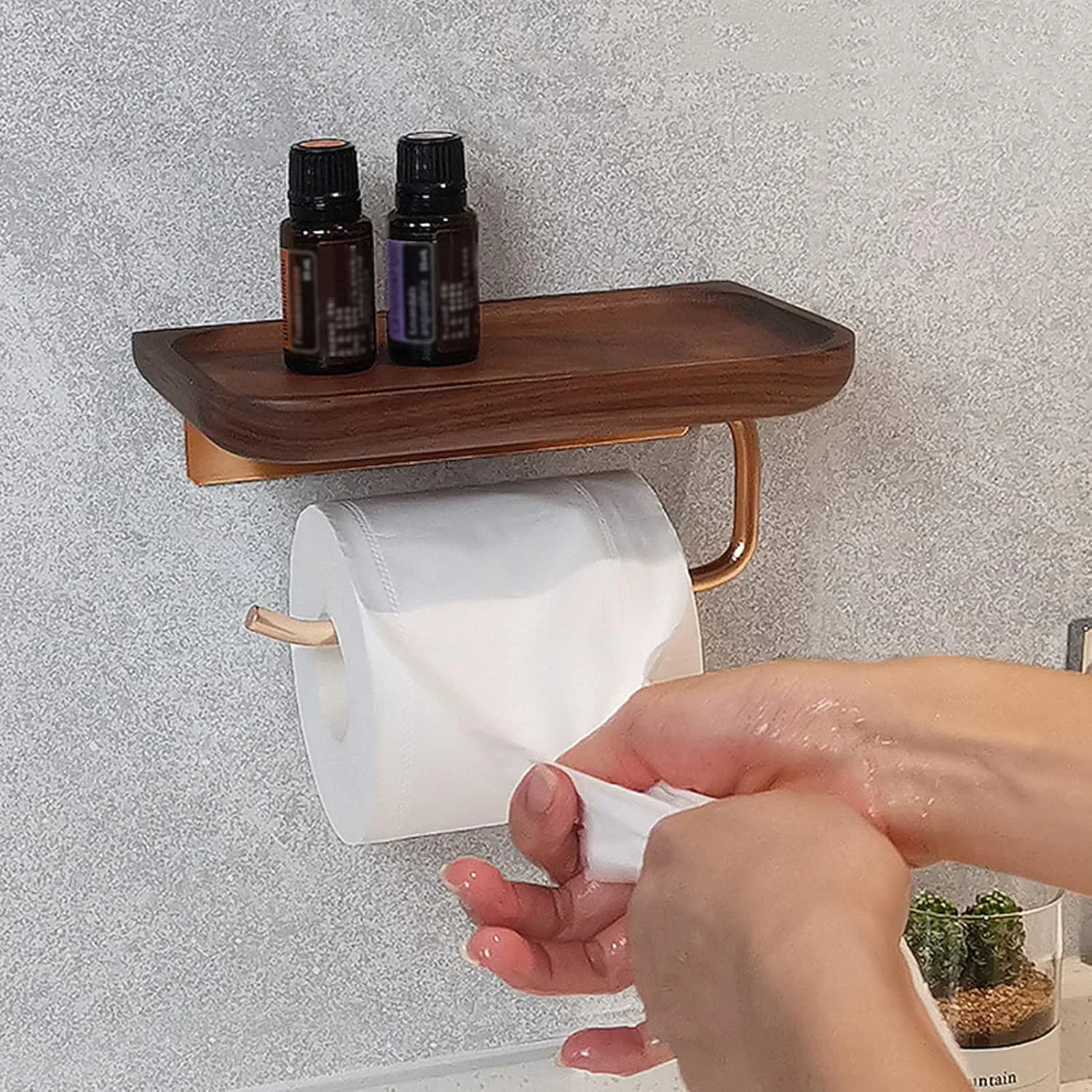 جا دستمال کاغذی دیواری LIU با قفسه چوبی برای آشپزخانه، حمام و سرویس بهداشتی (رنگ: طلایی رز)