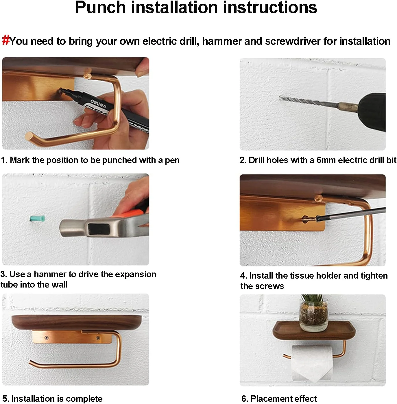 جا دستمال کاغذی دیواری LIU با قفسه چوبی برای آشپزخانه، حمام و سرویس بهداشتی (رنگ: طلایی رز)