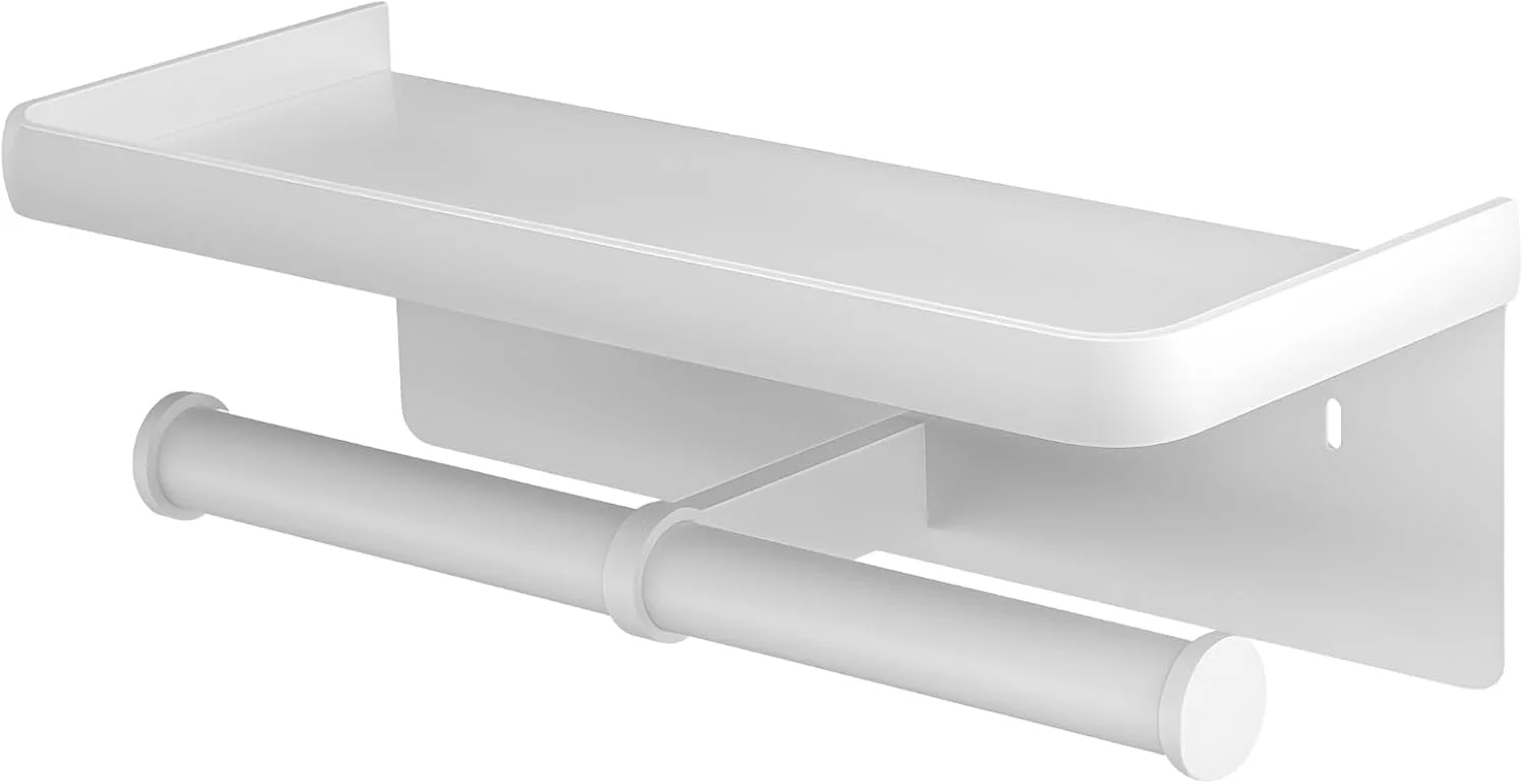 نگهدارنده کاغذ توالت دیواری با قفسه، نگهدارنده دو رول کاغذ توالت، نصب با چسب و پیچ، ساختار فلزی با کیفیت، روکش سفید، قفسه 260 میلی متری برای نگهداری لوازم حمام