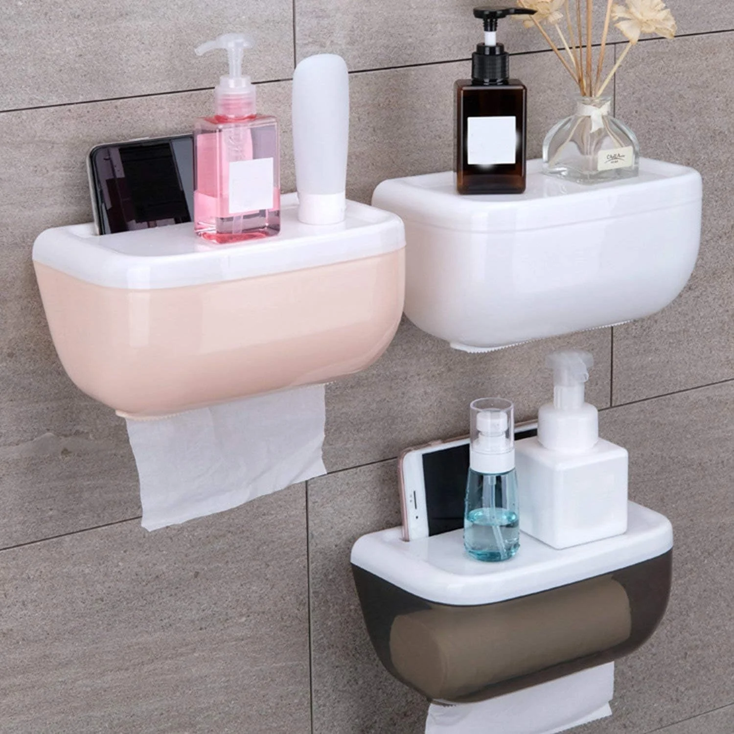 جا دستمال کاغذی دیواری ضد آب مناسب حمام و توالت، بدون نیاز به سوراخ کاری - صورتی