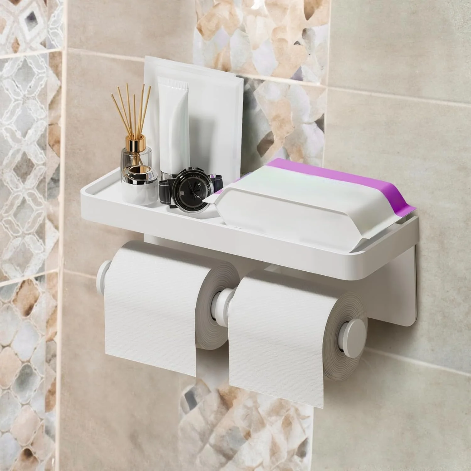 جا دستمال کاغذی دیواری با قفسه، جا دستمال کاغذی دو رول، نصب با چسب و پیچ، ساختار فلزی با کیفیت، روکش سفید، قفسه 260 میلی متری برای نگهداری لوازم حمام