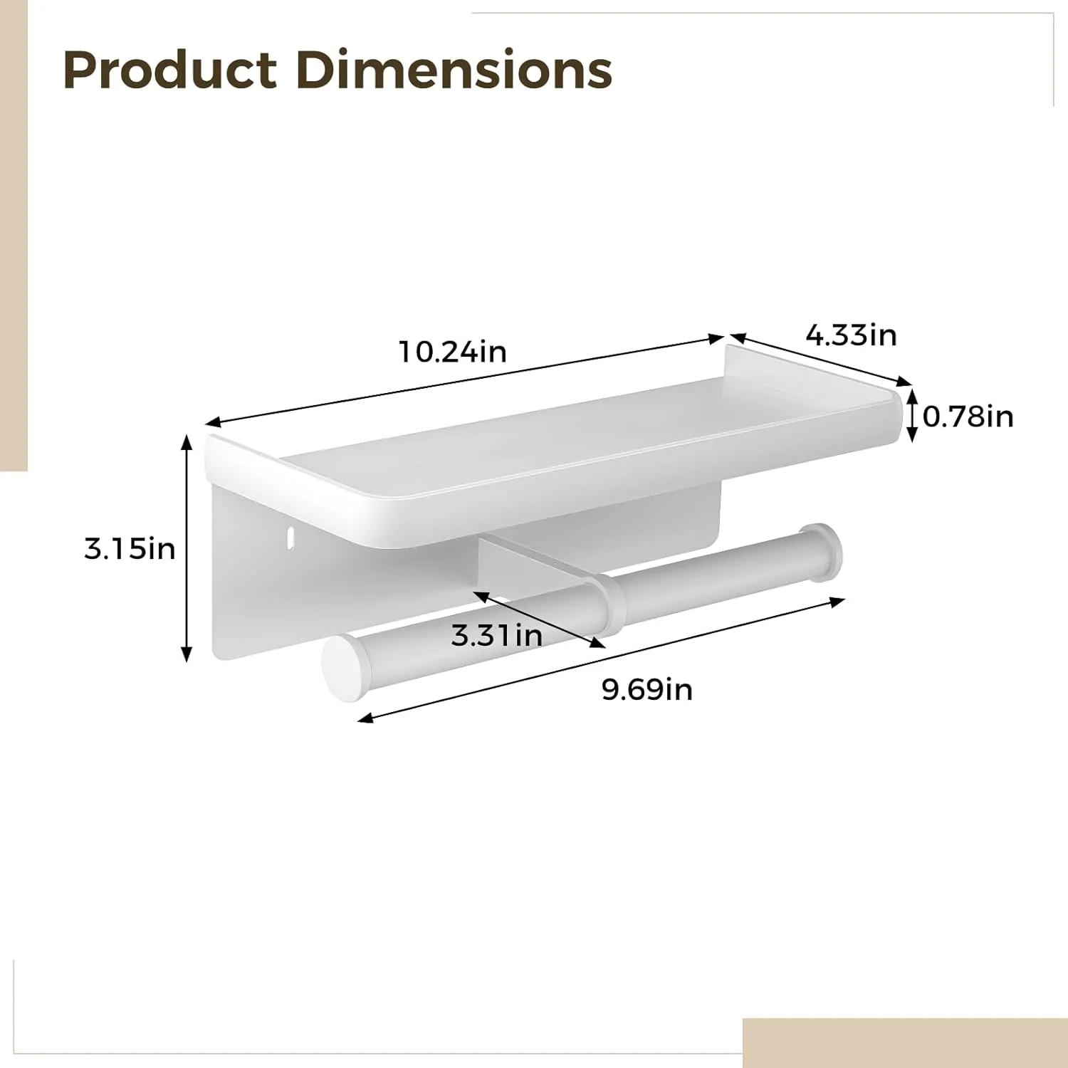 نگهدارنده کاغذ توالت دیواری با قفسه، نگهدارنده دو رول کاغذ توالت، نصب با چسب و پیچ، ساختار فلزی با کیفیت، روکش سفید، قفسه 260 میلی متری برای نگهداری لوازم حمام