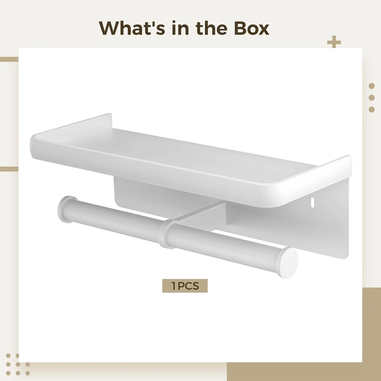 نگهدارنده کاغذ توالت دیواری با قفسه، نگهدارنده دو رول کاغذ توالت، نصب با چسب و پیچ، ساختار فلزی با کیفیت، روکش سفید، قفسه 260 میلی متری برای نگهداری لوازم حمام