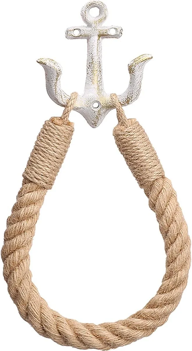 حلقه حوله طنابی عتیقه طبیعی دیواری با نگهدارنده کاغذ توالت دریایی با قلاب های فلزی، قفسه حوله ساحلی