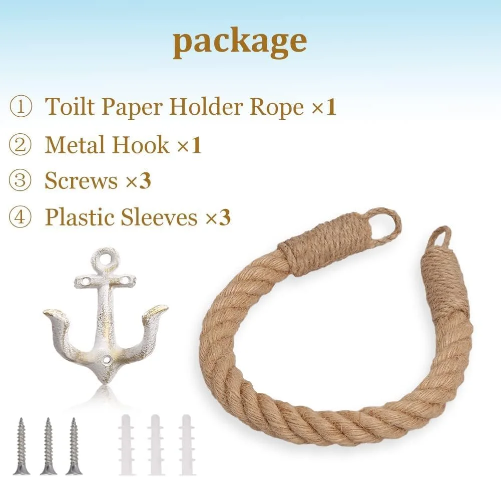 حلقه حوله طنابی عتیقه طبیعی دیواری با نگهدارنده کاغذ توالت دریایی با قلاب های فلزی، قفسه حوله ساحلی