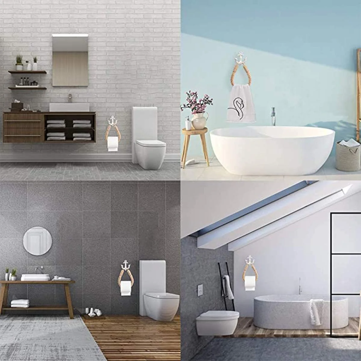 حلقه حوله طنابی عتیقه طبیعی دیواری با نگهدارنده کاغذ توالت دریایی با قلاب های فلزی، قفسه حوله ساحلی