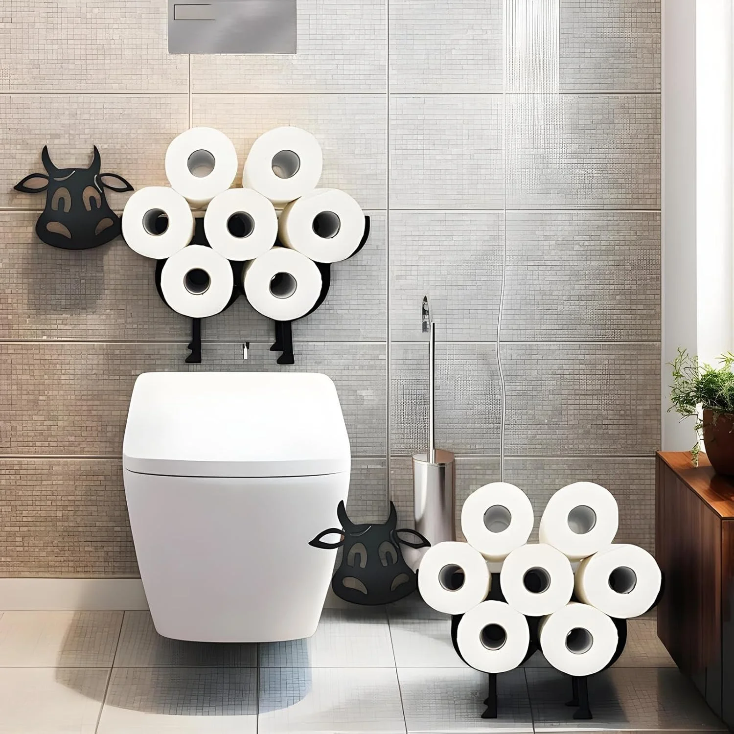 جا دستمال کاغذی توالت | جا رولی دستمال کاغذی دیواری | قفسه ذخیره سازی ایستاده، سازمان دهنده ضد لغزش با طرح گوساله برای خانه، آپارتمان، مرکز اسپا