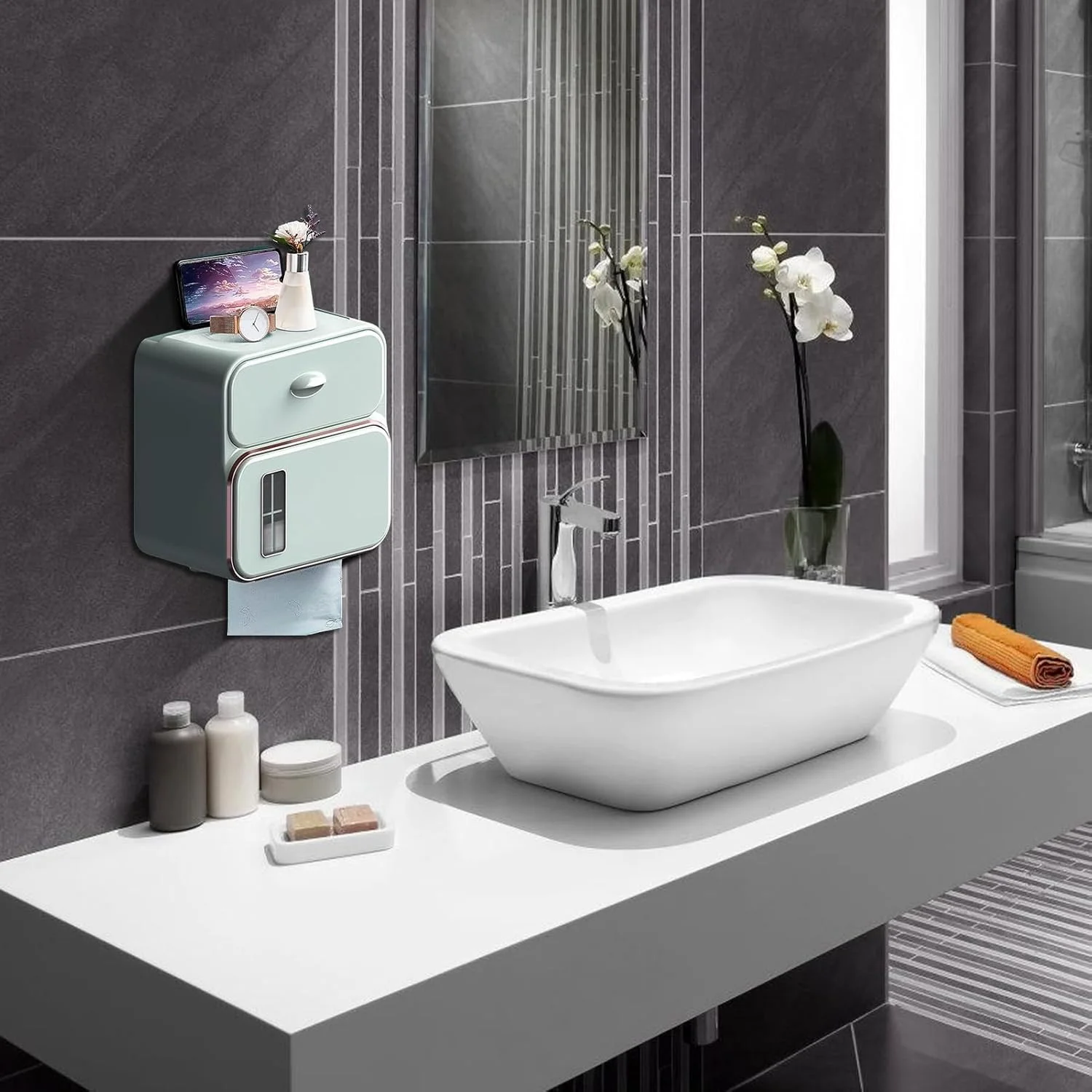 جا دستمال کاغذی دیواری - جا دستمال توالت - پخش کننده دستمال کاغذی چسبی با کشو برای دیوار، سرویس بهداشتی، هتل، آشپزخانه، اتاق نشیمن