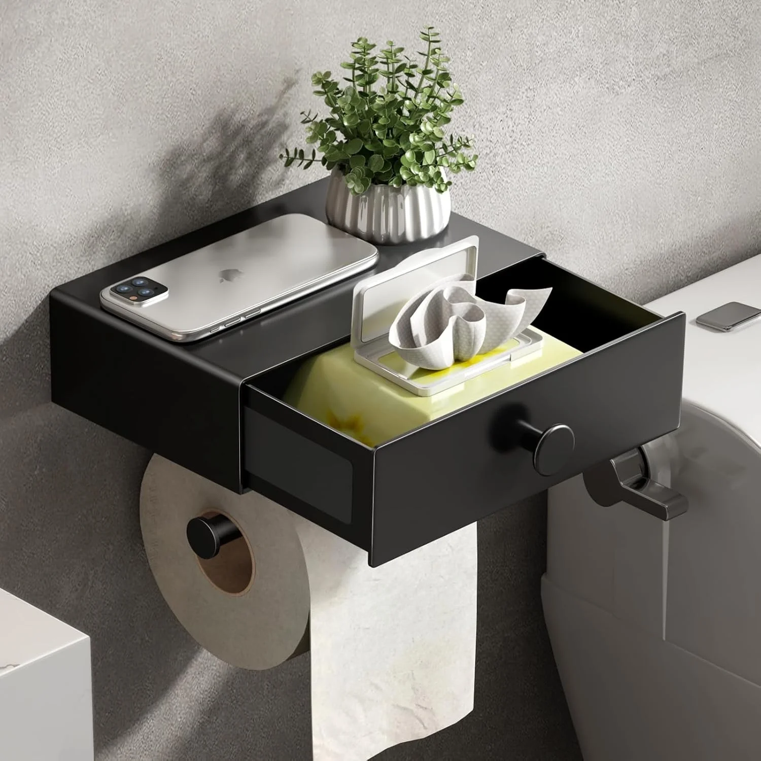 VOLDRA Toilet Paper Holder No Drilling Required Toilet Paper Holder with Wet Wipes Box Toilet Roll Holder with Drawer Shelf Paper Holder for Toilet and Bathroom Wall Mount (Matte Black)