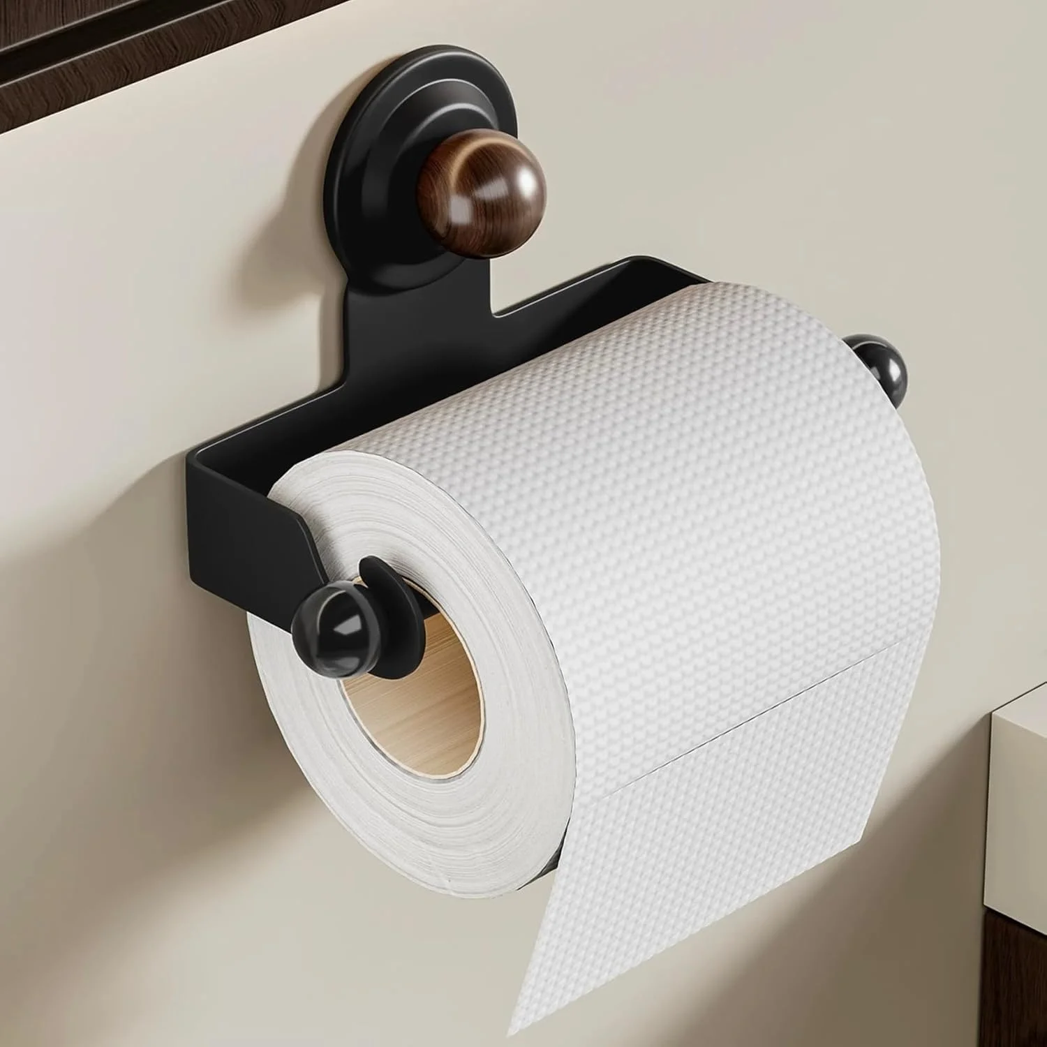 جا دستمال کاغذی توالت بدون نیاز به سوراخ کاری با قفسه – ABS و فولاد کربنی، پایه رول دستمال توالت روستیک با مکنده قوی برای خانه، RV، آپارتمان (رنگ گردویی)