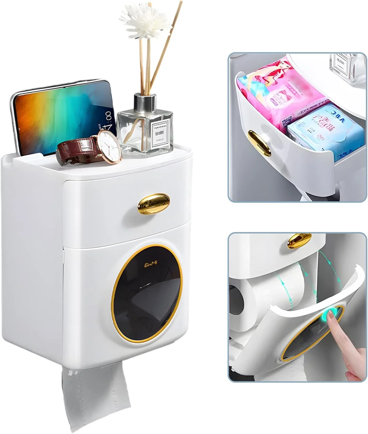 جا دستمال کاغذی دیواری VAODO، جعبه دستمال کاغذی ضد آب، نگهدارنده رول دستمال کاغذی ضد زنگ، سازمان دهنده دیواری چند منظوره برای حمام، آشپزخانه، اتاق نشیمن، بدون نیاز به سوراخ کاری