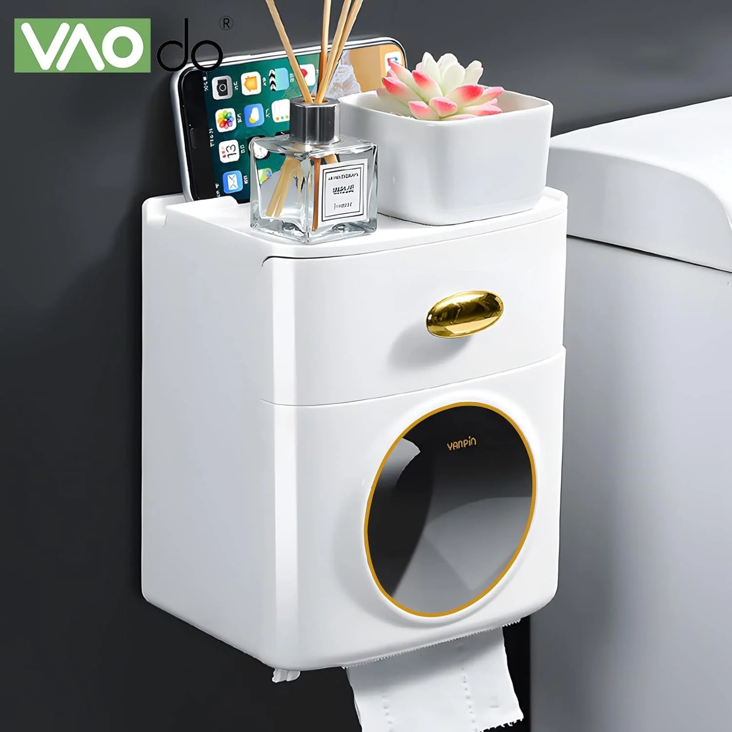 جا دستمال کاغذی دیواری VAODO، جعبه دستمال کاغذی ضد آب، نگهدارنده رول دستمال کاغذی ضد زنگ، سازمان دهنده دیواری چند منظوره برای حمام، آشپزخانه، اتاق نشیمن، بدون نیاز به سوراخ کاری