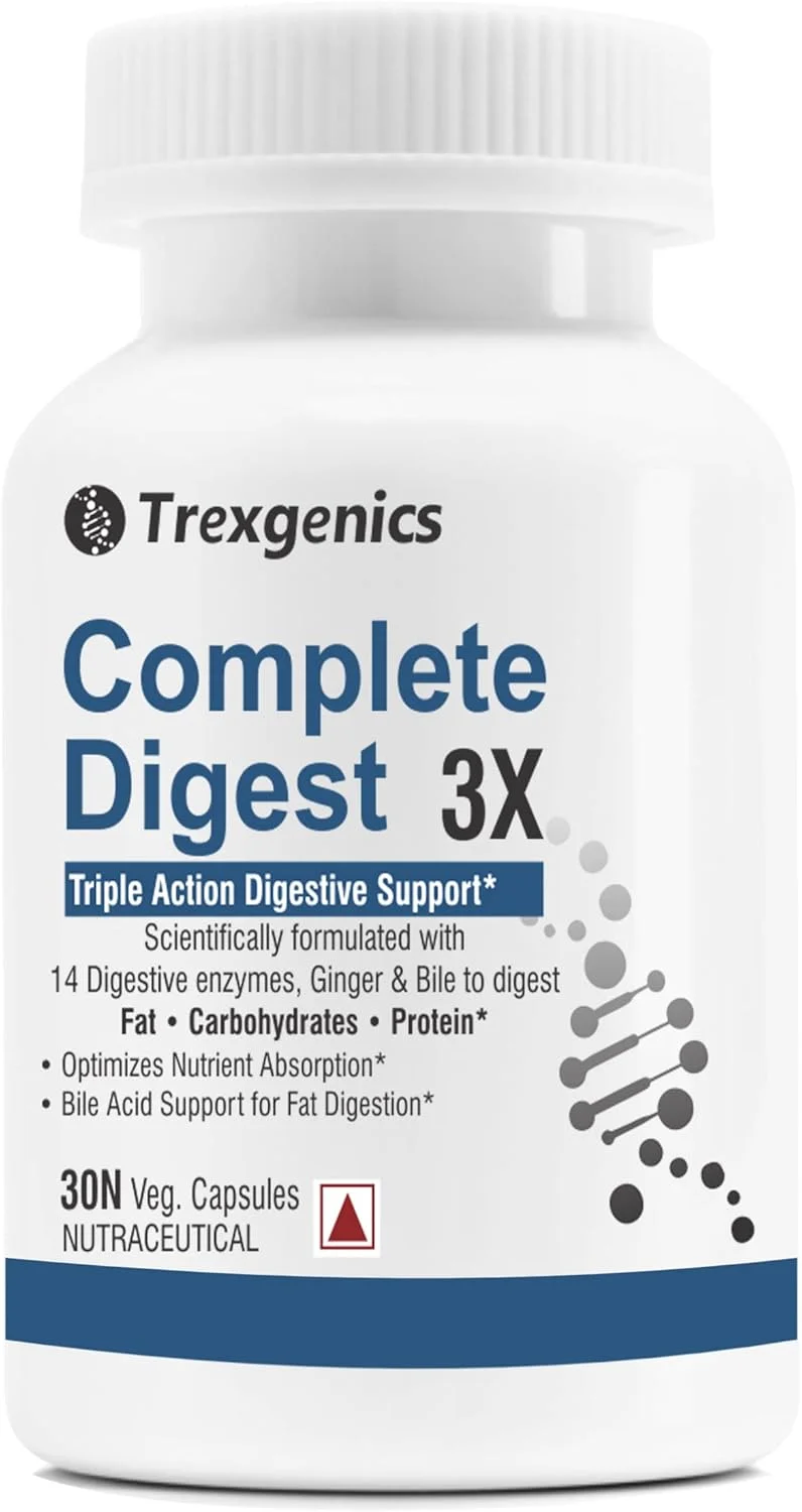 ترکس ژنیکس COMPLETE DIGEST 3X، پشتیبانی سه گانه گوارشی برای چربی، کربوهیدرات ها و پروتئین، لاکتوز و فیبرها با 14 آنزیم، زنجبیل و اسید صفراوی کولیک (30 کپسول) (بسته 1 عددی)