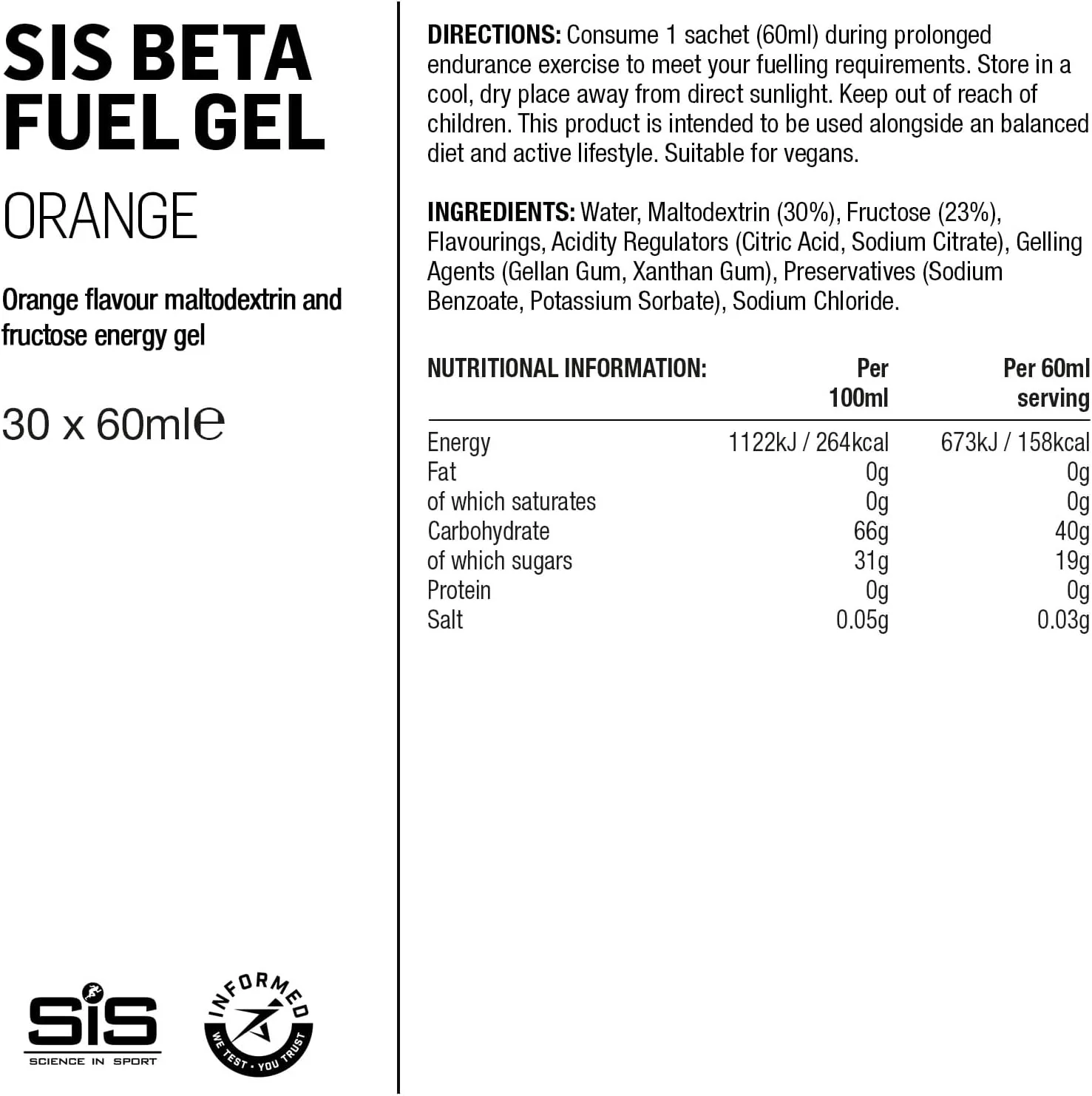 ژل انرژی Science In Sport Beta Fuel | 40 گرم کربوهیدرات | نسبت مالتودکسترین:فروکتوز 1:0.8 | هضم آسان | بدون گلوتن | بدون نیاز به آب | ژل های مخصوص دویدن | طعم پرتقال | بسته 30 عددی ژل انرژی Science In Sport Beta Fuel | 40 گرم کربوهیدرات | نسبت مالتودکسترین:فروکتوز 1:0.8 | هضم آسان | بدون گلوتن | بدون نیاز به آب | ژل های مخصوص دویدن | طعم پرتقال | بسته 30 عددی