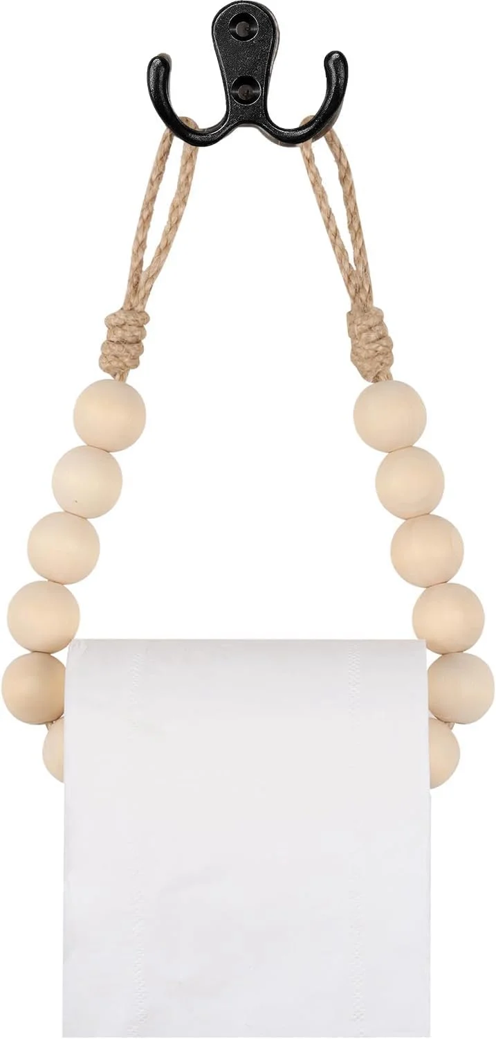 جا دستمال توالت با مهره های چوبی طبیعی به سبک بوهو، نگهدارنده رول دستمال توالت، قابل نصب روی دیوار، مناسب برای دستمال کاغذی و حوله