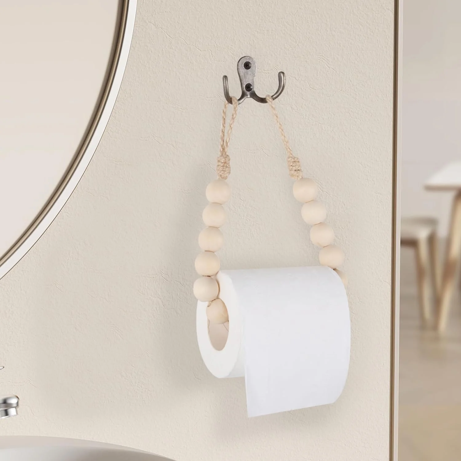 جا دستمال توالت با مهره های چوبی طبیعی به سبک بوهو، نگهدارنده رول دستمال توالت، قابل نصب روی دیوار، مناسب برای دستمال کاغذی و حوله