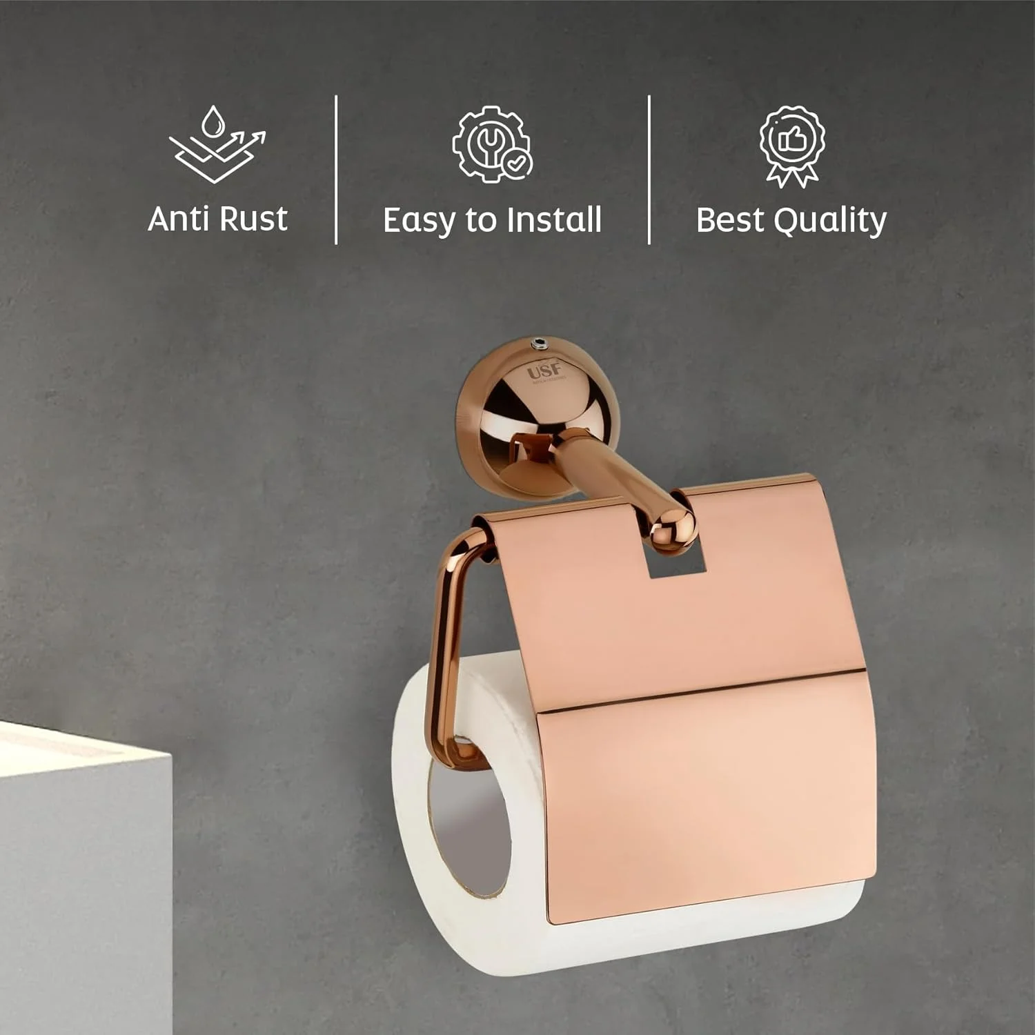 نگهدارنده رول دستمال توالت U-S-F BATH ACCESSORIES برای حمام، نگهدارنده دستمال توالت استیل 304 در حمام، نگهدارنده رول دستمال کاغذی توالت برای حمام، لوازم جانبی حمام (رزگلد، Torin)