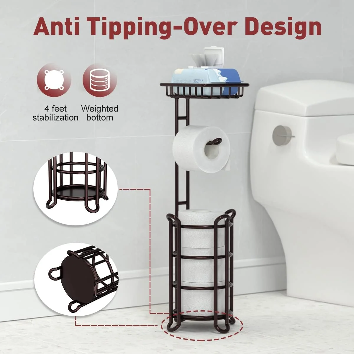 پایه نگهدارنده دستمال توالت TreeLen با قفسه برای نگهداری در حمام - برنزی