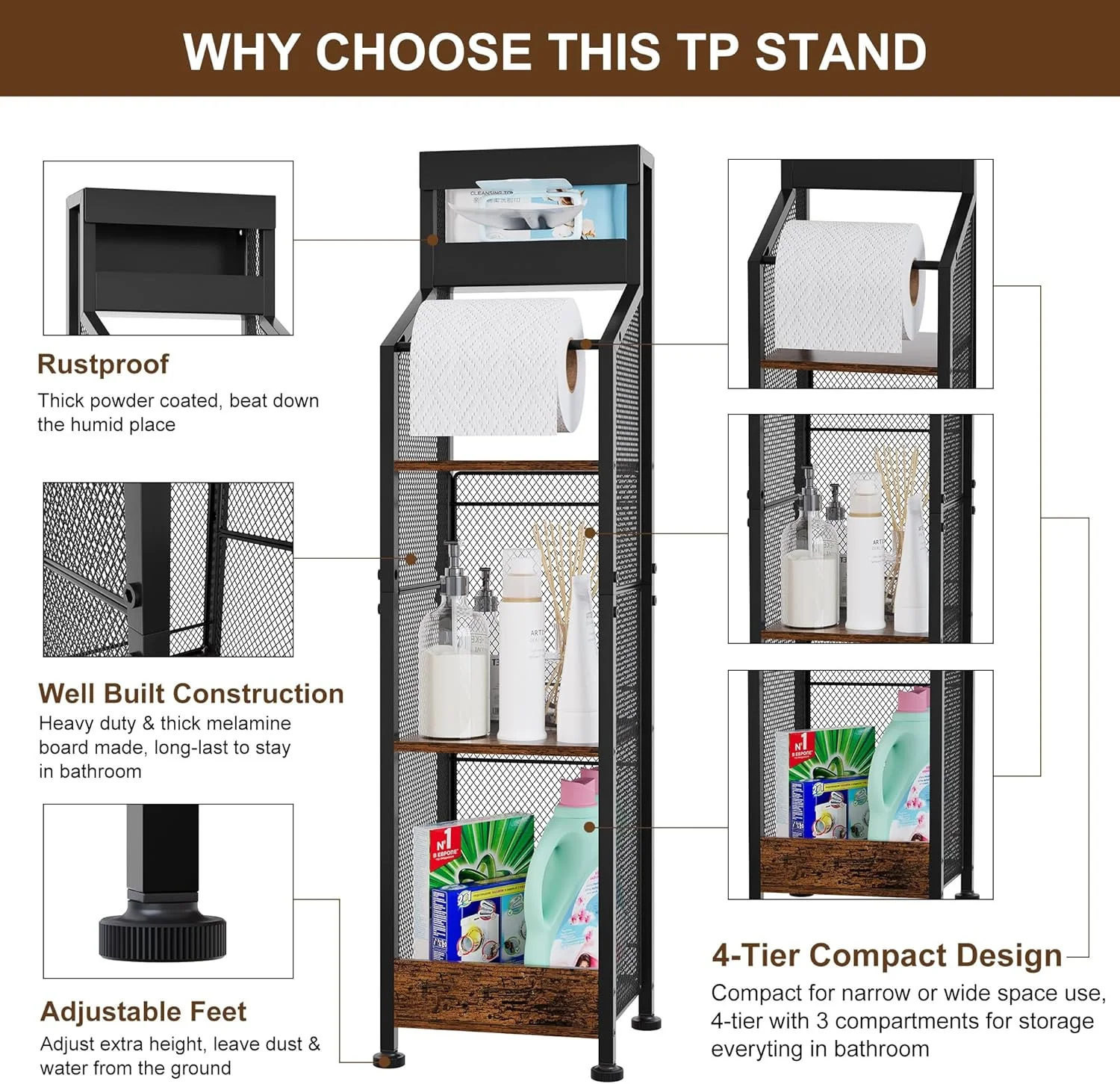 نگهدارنده رول دستمال توالت ایستاده TQVAI با محفظه دستمال مرطوب، کابینت باریک 4 طبقه برای نگهداری در حمام کنار تانک، نگهدارنده رول کاغذی برای آشپزخانه، سرویس بهداشتی، طرح قدیمی/مشکی نگهدارنده رول دستمال توالت ایستاده TQVAI با محفظه دستمال مرطوب، کابینت باریک 4 طبقه برای نگهداری در حمام کنار تانک، نگهدارنده رول کاغذی برای آشپزخانه، سرویس بهداشتی، طرح قدیمی/مشکی