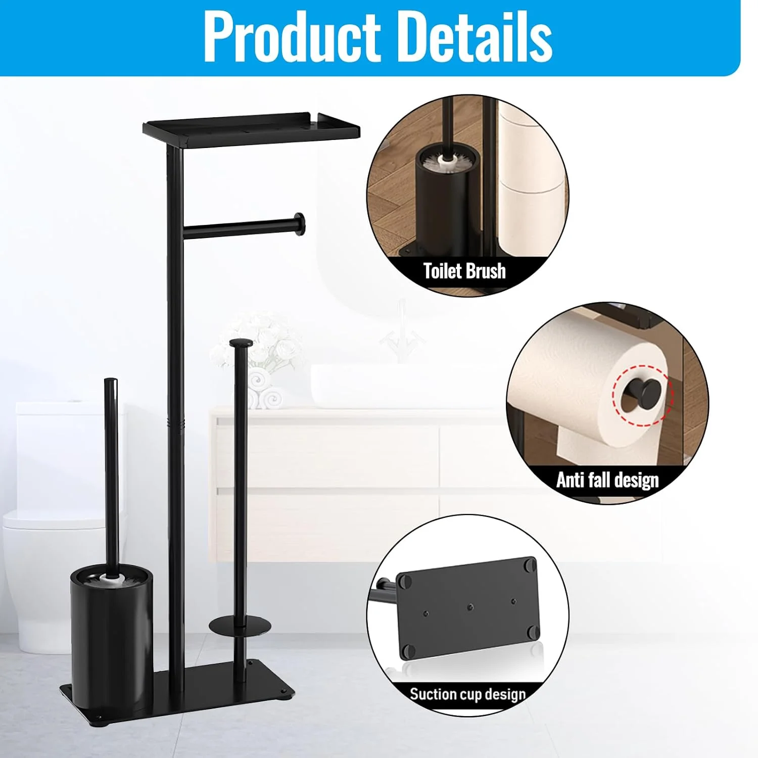 تاپسکی 1 ست جا دستمال توالت ایستاده، استند دستمال توالت، جا دستمال رولی استیل ضد زنگ به همراه برس توالت (مشکی-B)