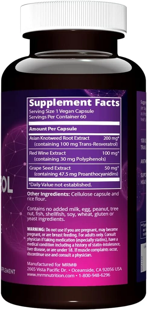 رزوراترول MRM Nutrition | 100 میلی گرم ترانس-رزوراترول طبیعی | ضد پیری | آنتی اکسیدان | بدون گلوتن + وگان | 60 سروینگ رزوراترول MRM Nutrition | 100 میلی گرم ترانس-رزوراترول طبیعی | ضد پیری | آنتی اکسیدان | بدون گلوتن + وگان | 60 سروینگ