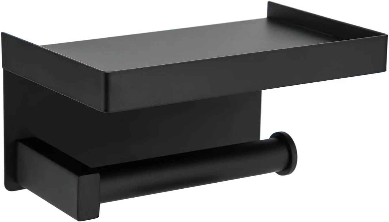 جا دستمال کاغذی توالت Toprema با قفسه، آویز رول دستمال کاغذی، استیل ضد زنگ SUS304 مشکی مات، لوازم جانبی سرویس بهداشتی، نصب دیواری چسبی