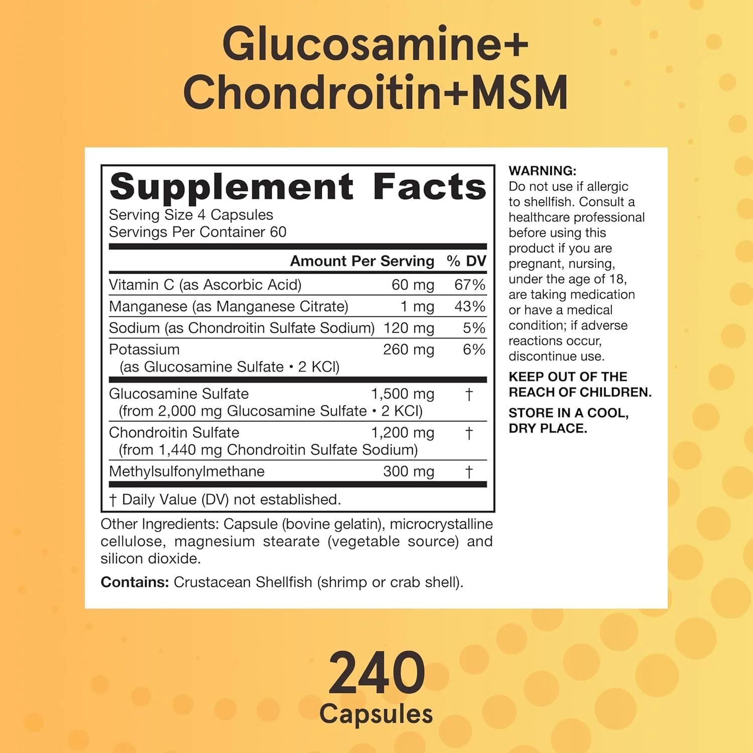 Jarrow Formulas Glucosamine + Chondroitin + MSM - 240 Capsules - Nutrient Support of Joint Health - With Vitamin C & Manganese - 60 Servings Jarrow Formulas Glucosamine + Chondroitin + MSM - 240 Capsules - Nutrient Support of Joint Health - With Vitamin C & Manganese - 60 Servings