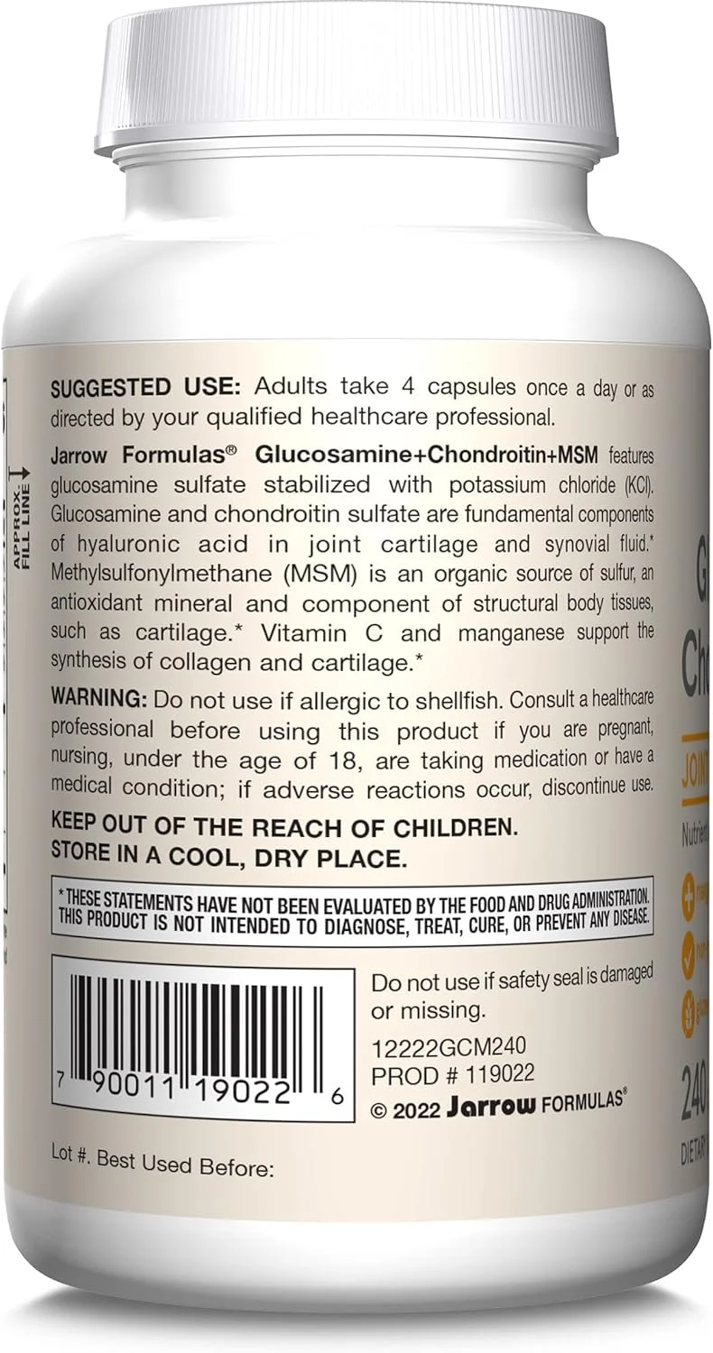 Jarrow Formulas Glucosamine + Chondroitin + MSM - 240 Capsules - Nutrient Support of Joint Health - With Vitamin C & Manganese - 60 Servings Jarrow Formulas Glucosamine + Chondroitin + MSM - 240 Capsules - Nutrient Support of Joint Health - With Vitamin C & Manganese - 60 Servings