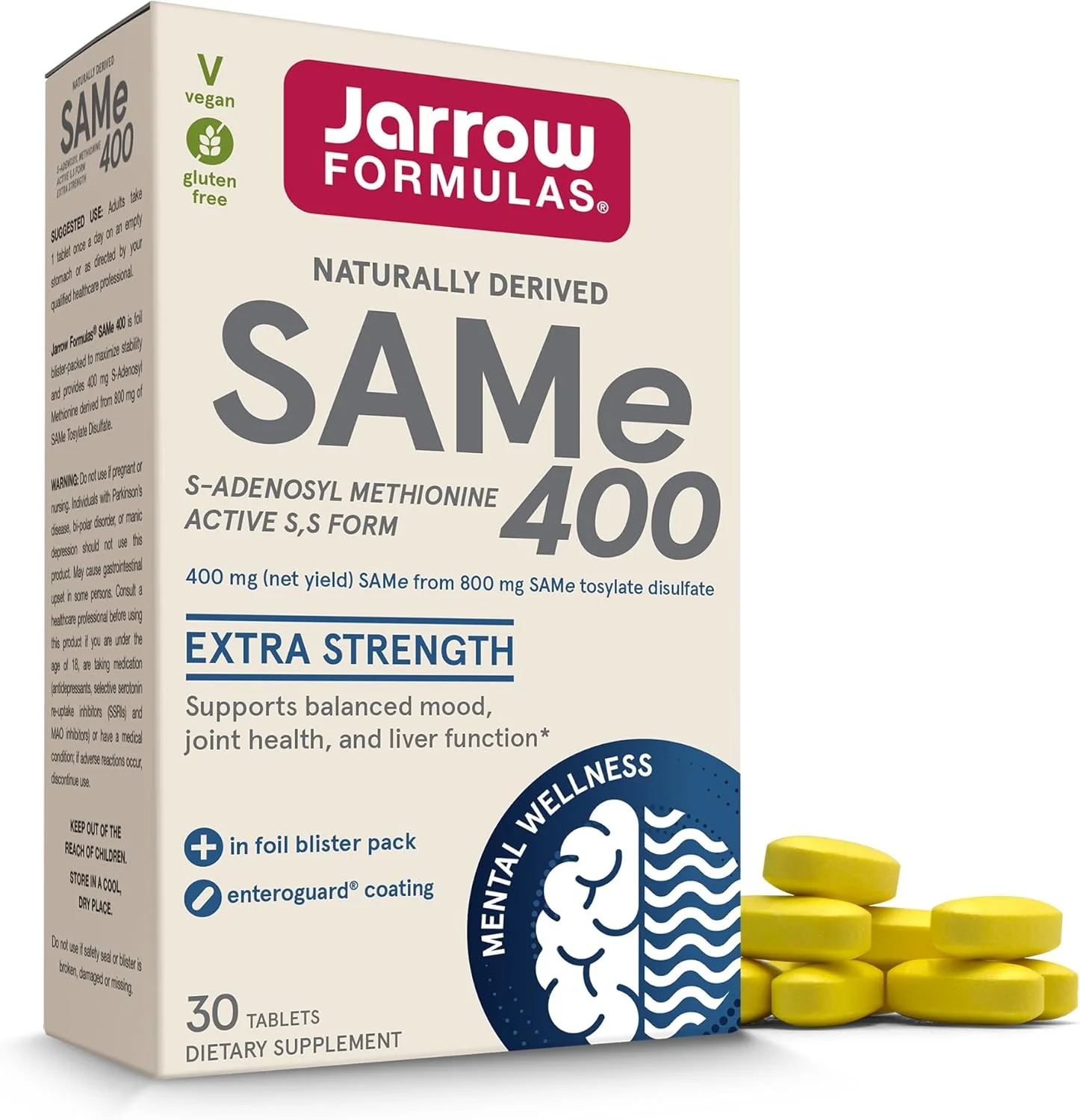 جارو فرمولاز SAMe 400 میلی گرم - 30 قرص - بالاترین غلظت فرم فعال S,S - پشتیبانی از سلامت مفاصل، عملکرد کبد، متابولیسم مغز، خلق و خو و دفاع آنتی اکسیدانی - 30 سروینگ