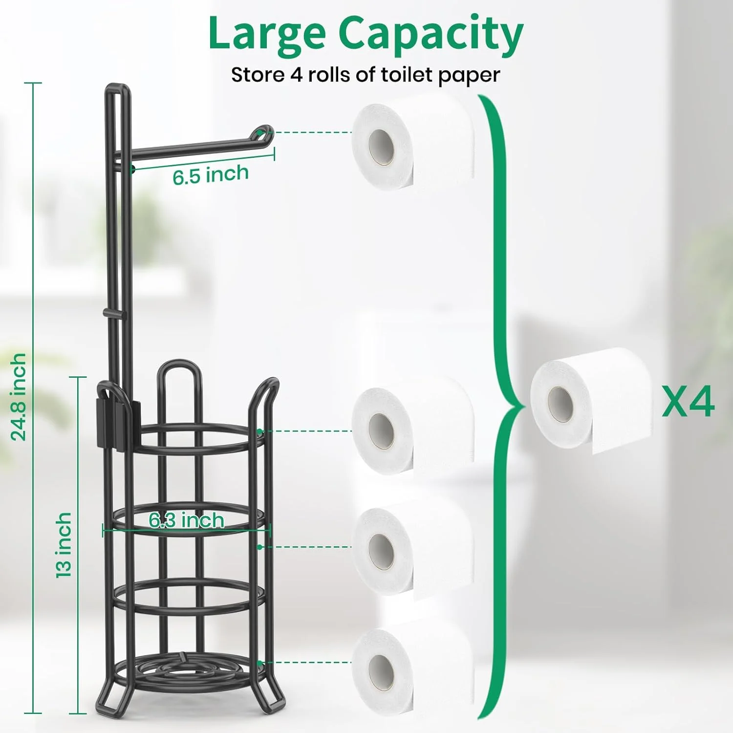 جا دستمال توالت TomCare، پایه و پخش کننده دستمال توالت برای 3 رول اضافی، قفسه ذخیره سازی رول دستمال کاغذی فلزی سیمی ایستاده، سازمان دهنده لوازم جانبی حمام، مشکی
