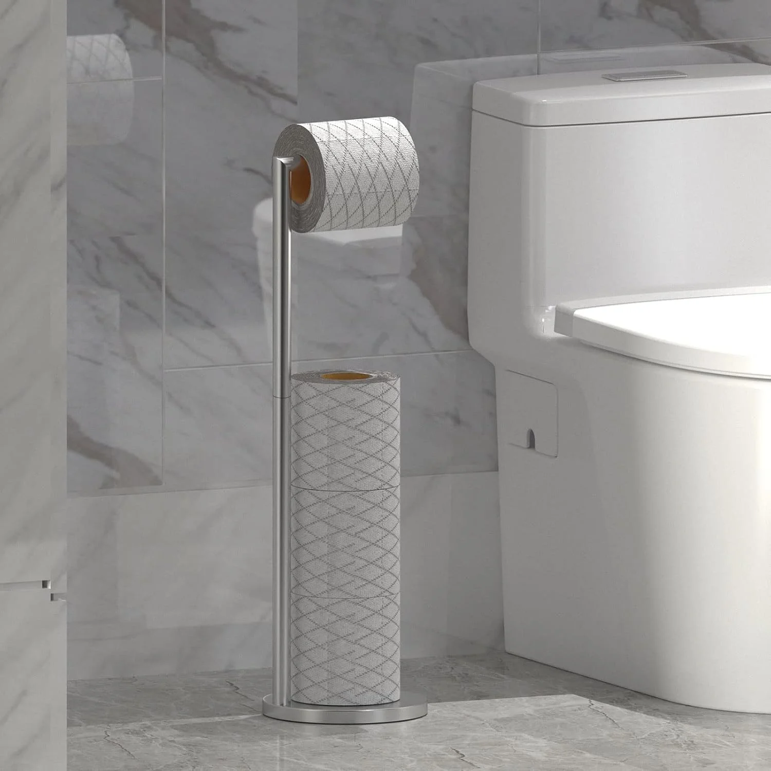 جا دستمال توالت ایستاده Top-spring، جا کاغذی توالت استیل ضد زنگ با قابلیت نگهداری 3-4 رول، مناسب برای نگهداری در حمام (کروم)