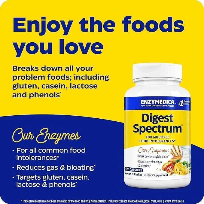 Enzymedica Digest Spectrum 120 Capsules | For Multiple Food Intolerances | Breaks-down Gluten, Phenol, Lactose & Casein | Reduce Occational Gas & Bloating