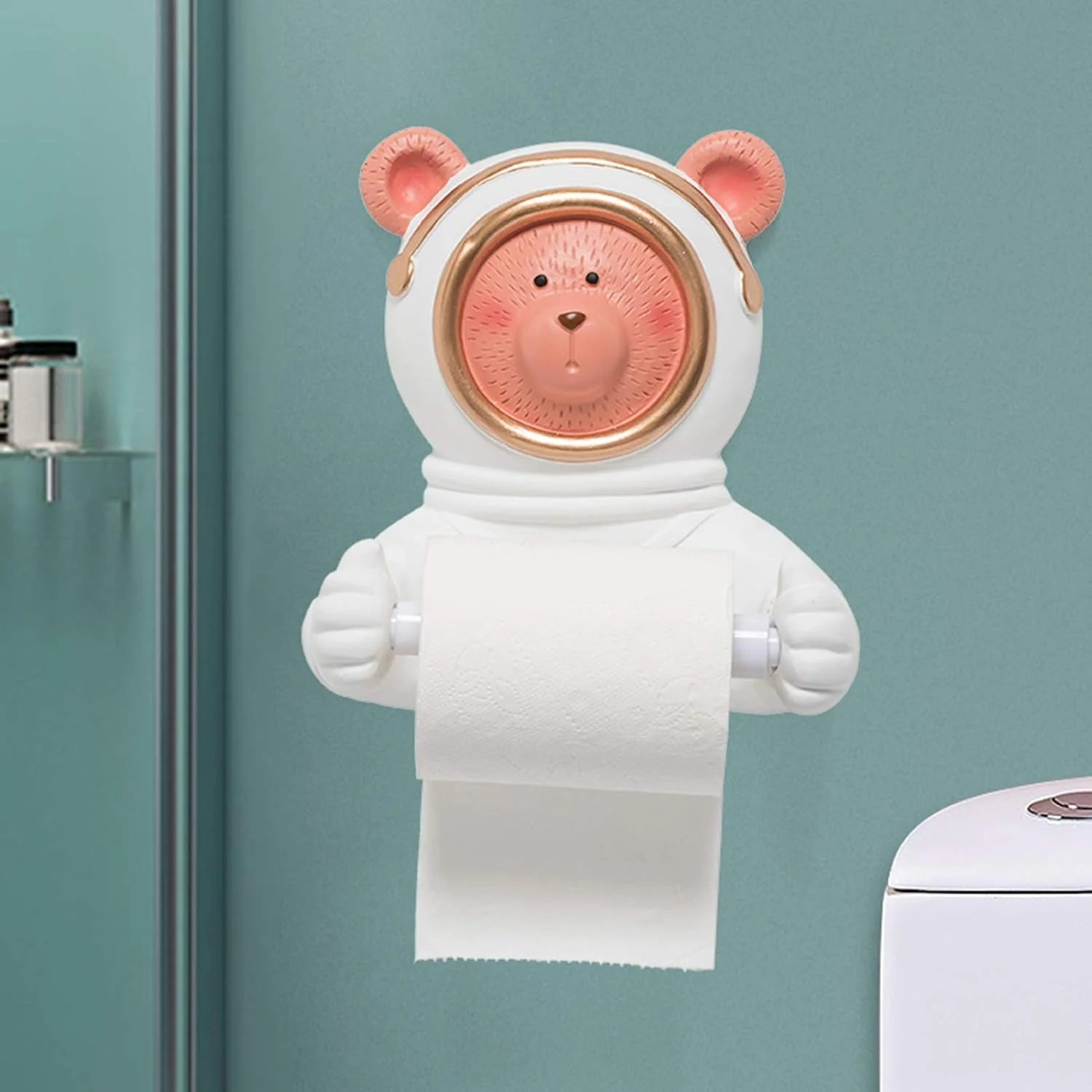 جای دستمال توالت LIU - نگهدارنده رول دستمال کاغذی دیواری، مدل خرس فضانورد زیبا، جنس رزین، مناسب برای منزل، اتاق کودک، حمام و سرویس بهداشتی