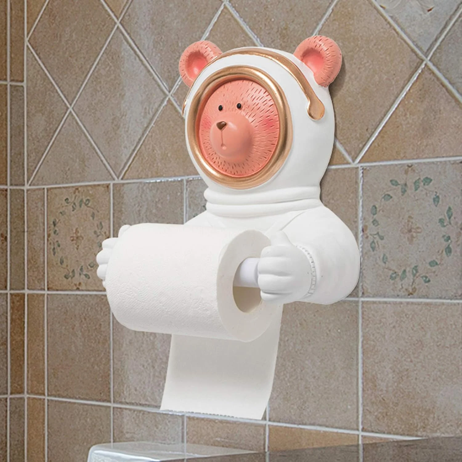 جای دستمال توالت LIU - نگهدارنده رول دستمال کاغذی دیواری، مدل خرس فضانورد زیبا، جنس رزین، مناسب برای منزل، اتاق کودک، حمام و سرویس بهداشتی