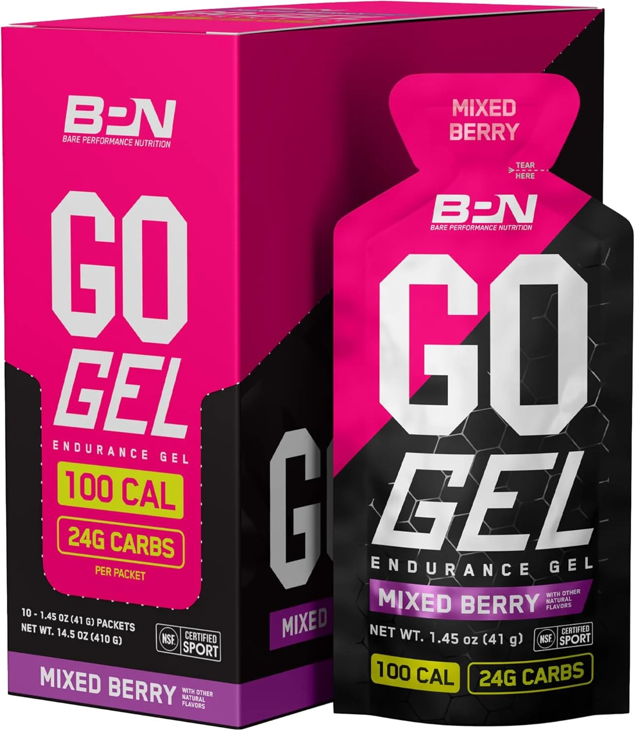 ژل استقامتی BPN Go از BARE PERFORMANCE NUTRITION، حاوی 24 گرم کربوهیدرات و 100 کالری در هر بسته، ژل مخصوص دویدن وگان + بدون گلوتن، 10 بسته تک نفره، میکس بری