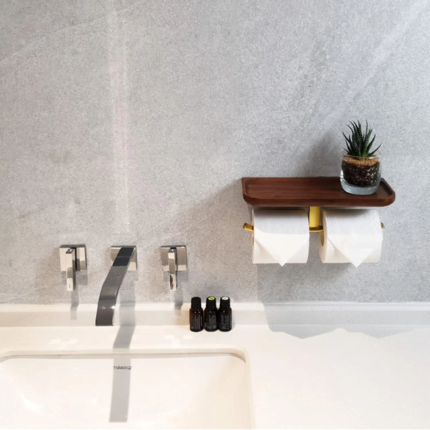 جا دستمال کاغذی دو قلو LIU با قفسه چوبی برای نگهداری موبایل و دستمال کاغذی اضافی، مناسب آشپزخانه، حمام و سرویس بهداشتی (رنگ: طلایی)