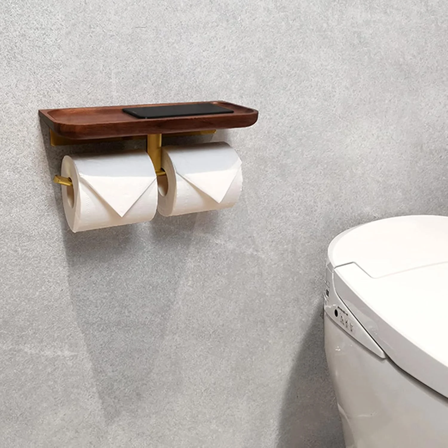 جا دستمال کاغذی دو قلو LIU با قفسه چوبی برای نگهداری موبایل و دستمال کاغذی اضافی، مناسب آشپزخانه، حمام و سرویس بهداشتی (رنگ: طلایی)