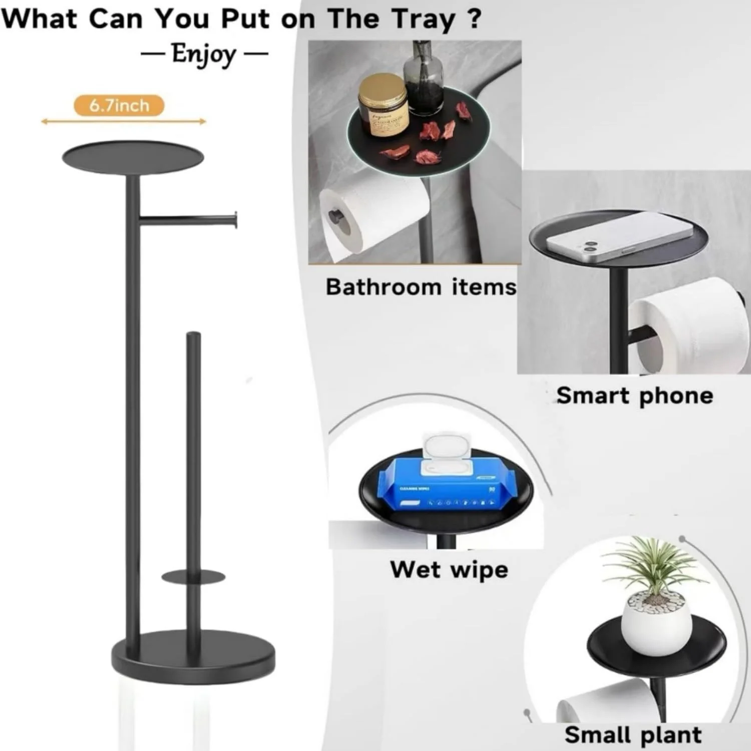 پایه نگهدارنده دستمال توالت با قفسه نگهداری بالایی، نگهدارنده رول دستمال توالت حمام ایستاده، رول توالت ایستاده، با قفسه نگهداری بالایی برای تلفن های همراه، دستمال مرطوب، کیف پول و موارد دیگر (مشکی 01)