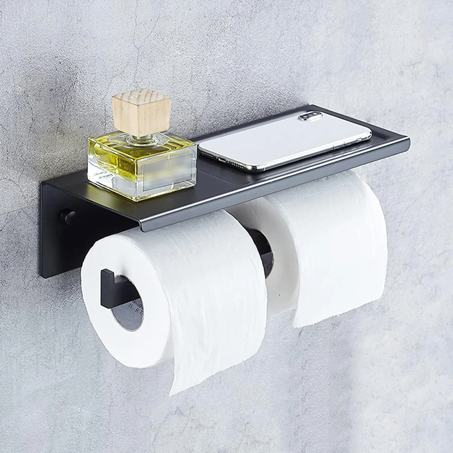 جا دستمال کاغذی دو قلو LIU با قفسه نگهداری موبایل، نصب دیواری مناسب سرویس بهداشتی منزل یا محیط تجاری، مشکی مات