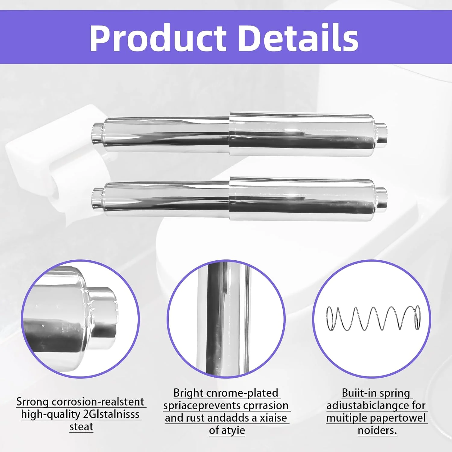 6 عدد میله فنری جایگزین نگهدارنده دستمال توالت با 2 قلاب چسبی، میله فلزی جمع شونده برای رول دستمال توالت، میله داخلی برای حمام